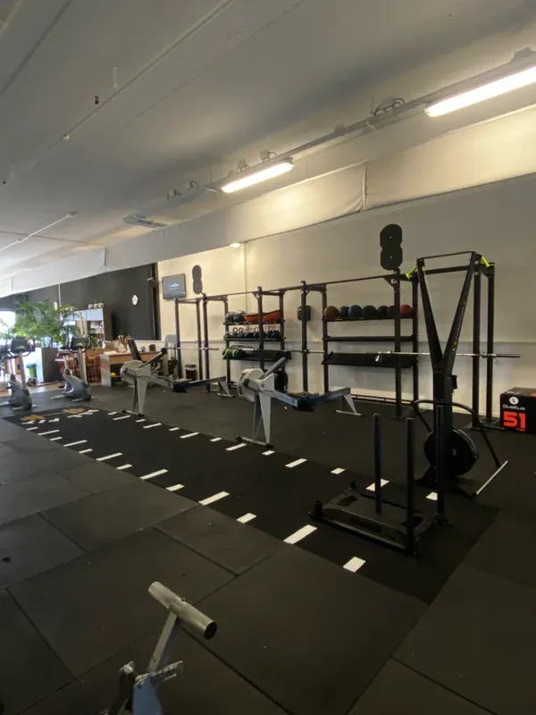 Wallballs-zone met functionele rig en plate-rack in een opgeleverde gym