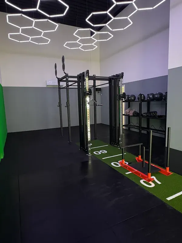 Functionele rig met sledpush-baan en kunstgras in een moderne gym met hex-LED-plafond