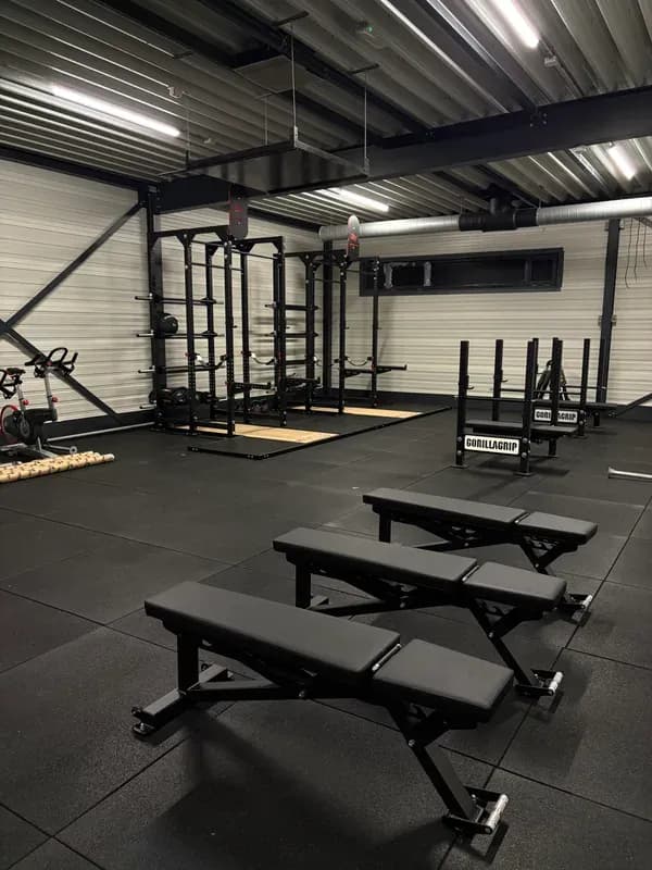 Compacte krachtopstelling met racks, platforms en trainingsbanken